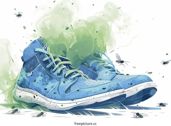 A pair of blue sneakers is covered in flies and a green mist