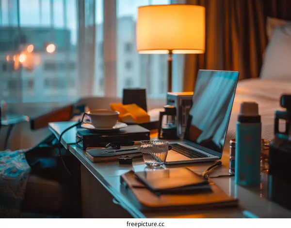 Minimalist Home Office Desk Setup with Laptop, Lamp, and Books