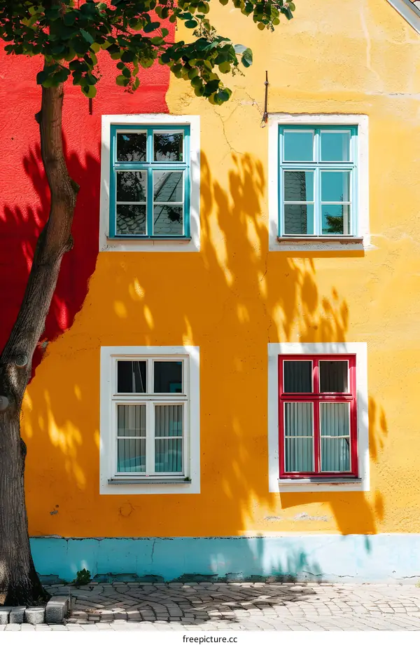 Colorful Windows on Yellow and Red Building Wall