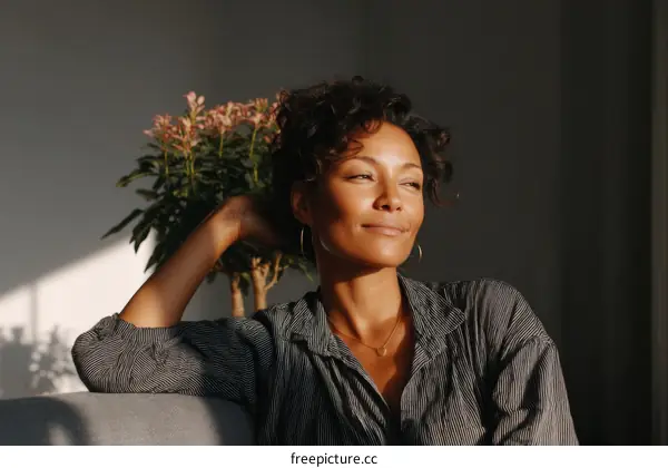 Thoughtful Woman in a Striped Shirt by the Window