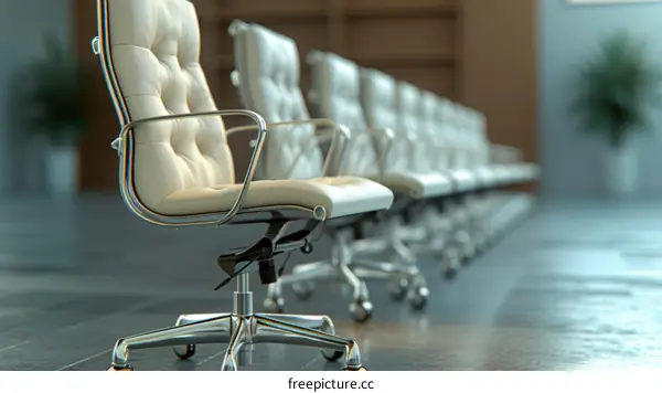 A row of empty office chairs in a conference room