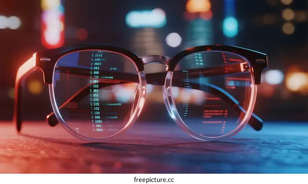 Smart Glasses Displaying Digital Code at Night