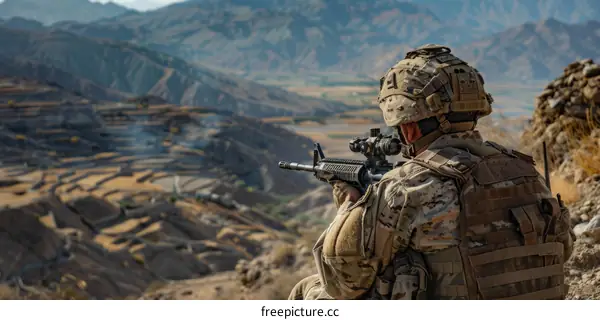 Soldier aiming his gun at a valley