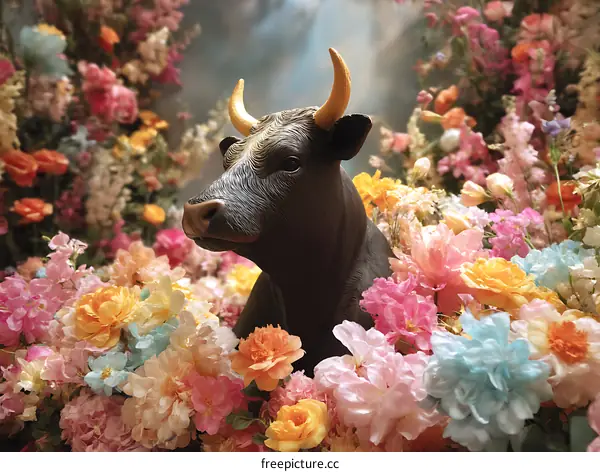 Floral Arrangement with Decorative Bull Sculpture