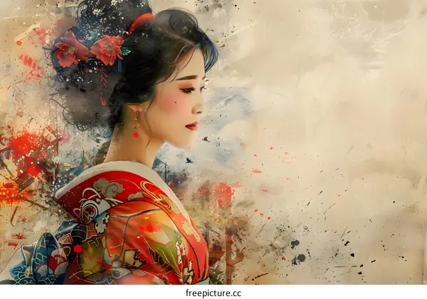 An illustration of a beautiful Japanese woman in traditional clothing