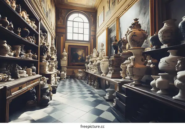 Antique Vases and Statues In A Room With Checkered Floor