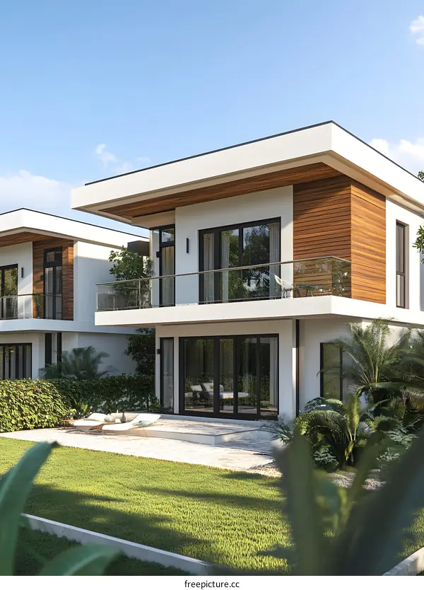 Modern Home Exterior Design with White Walls and Brown Wood Accents