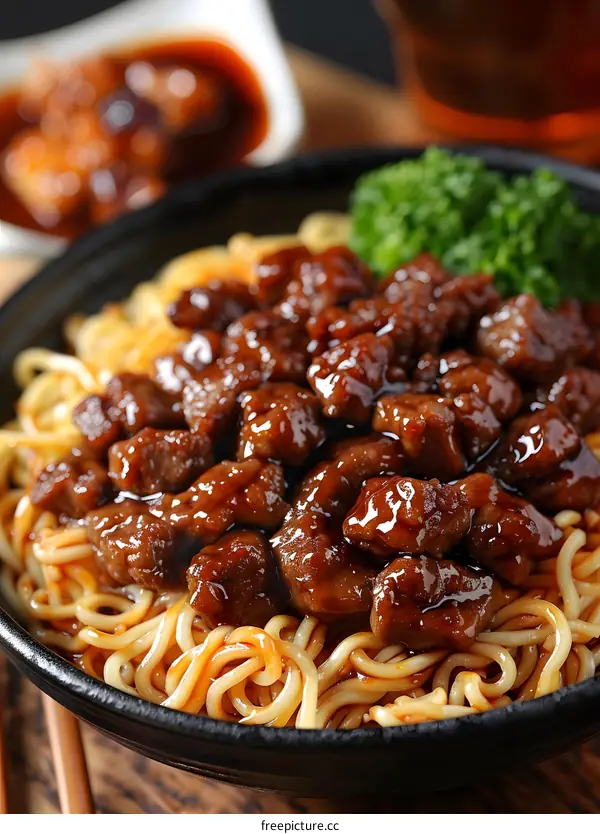 Close Up of Beef and Noodles in a Bowl