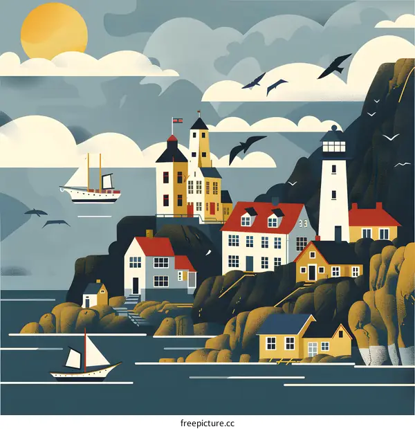 Coastal Town Landscape with Lighthouse and Boats