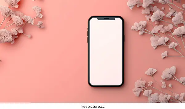 Blank Screen Smartphone With Pink Flowers On Peach Background