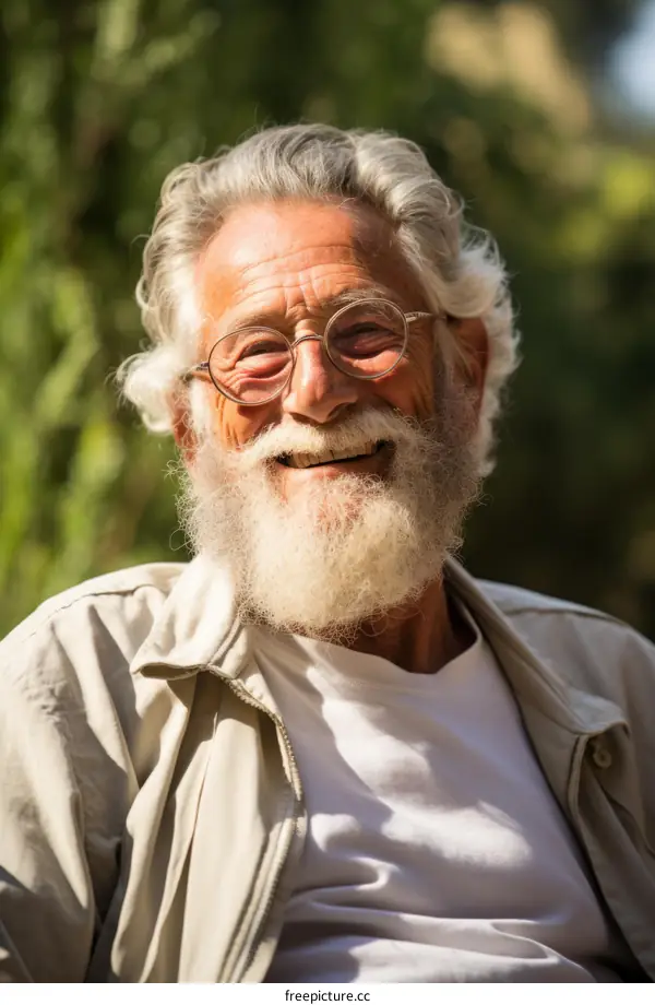 Portrait of an old man with a long white beard smiling