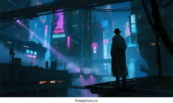 Cyberpunk Nightscape with Figure Standing on Urban Platform