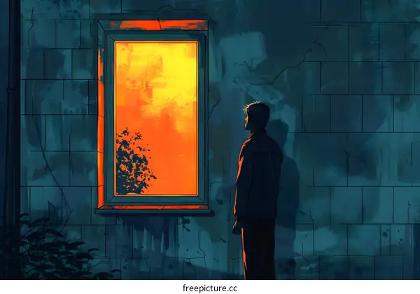 Man Gazing out Window at Sunset