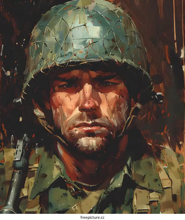 Portrait of a soldier wearing a green helmet