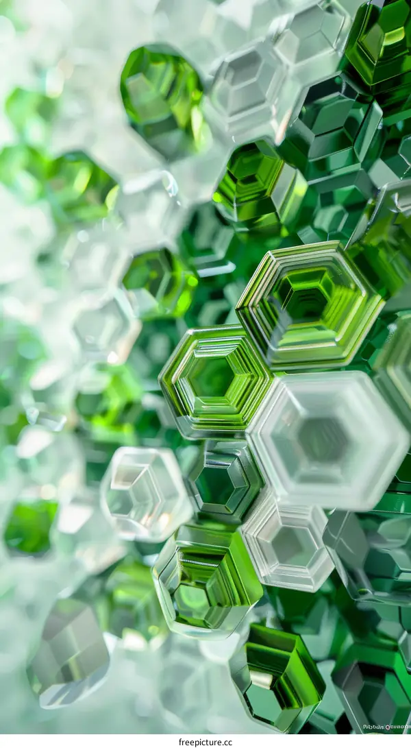 Green and white translucent hexagonal gemstones