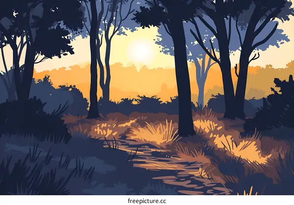 Sun Setting Through The Trees In A Forest