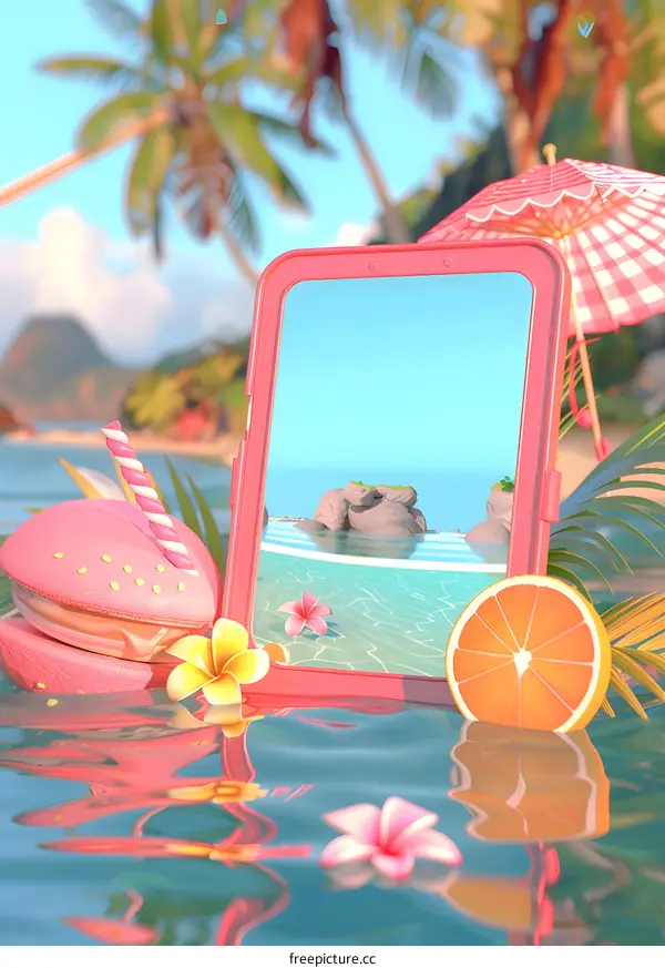 Summer Beach Scene with Tablet and Tropical Fruits