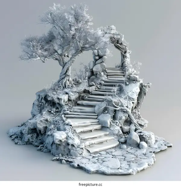 Gray stone stairs going up to a stone archway with leafless trees on either side