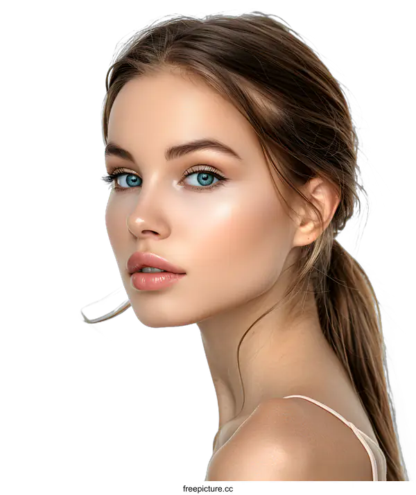 [Transparent Background PNG]Beautiful Woman with Blue Eyes and Long Brown Hair Looking Away