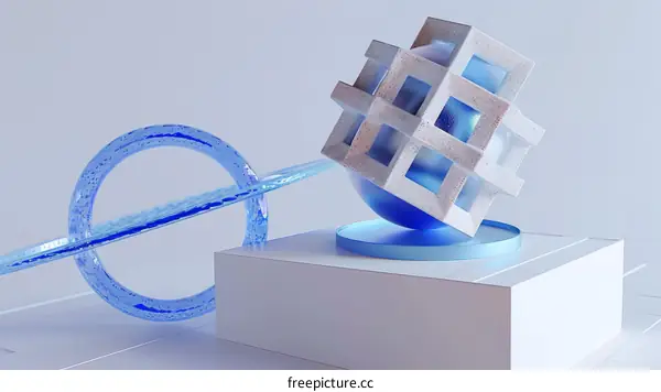 Blue and white geometric shapes on a white background