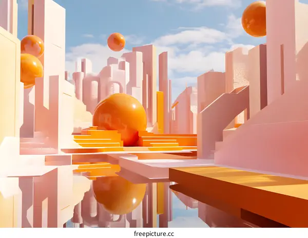 Abstract 3D Rendering of a City with Orange Spheres