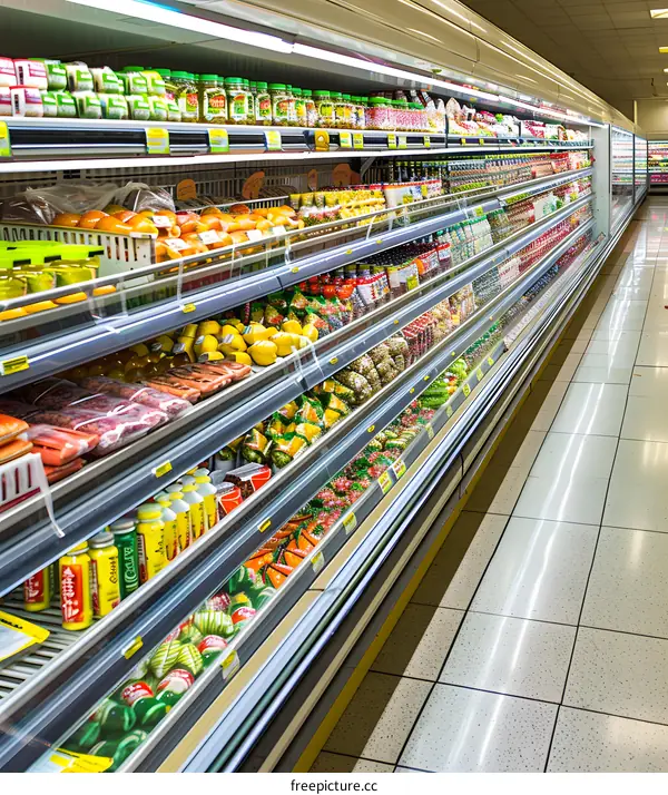 Refrigerated Shelves Full of Food and Drinks in a Grocery Store