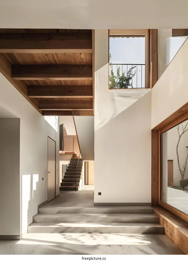 Modern Minimalist Interior Design of a House with Wooden Beams and Concrete Stairs