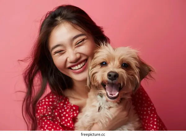 Asian woman with long dark hair smiling with her small dog