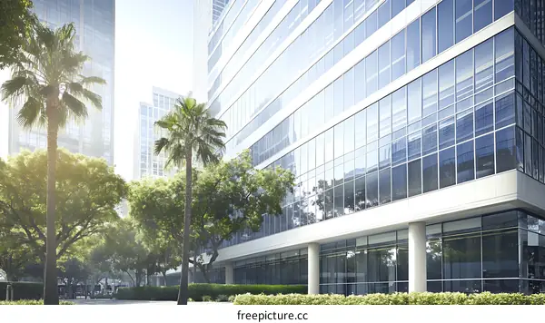 Modern Cityscape with Lush Green Trees and Glass Buildings