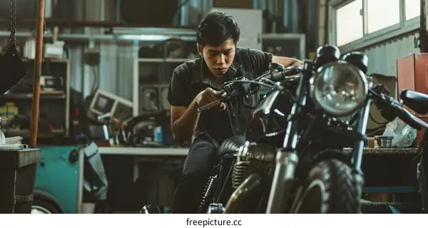 Asian man repairing a motorcycle in a garage
