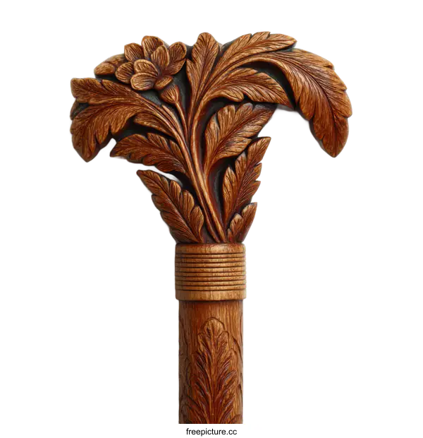 [Transparent Background PNG]Carved Wooden Walking Cane with Floral Design
