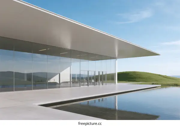Modern Architectural Building with Large Glass Facade and Reflective Pool