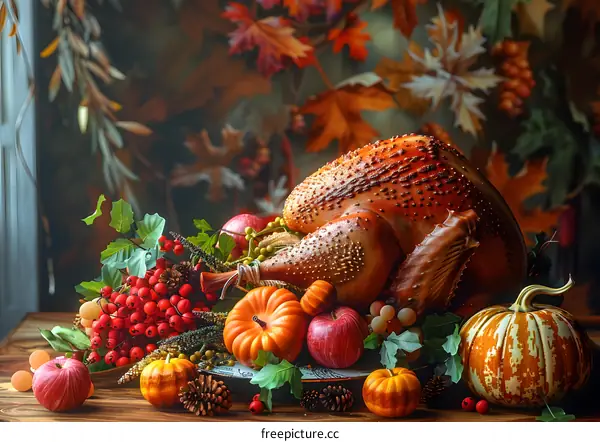 Thanksgiving dinner with roasted turkey, pumpkins, and autumn leaves