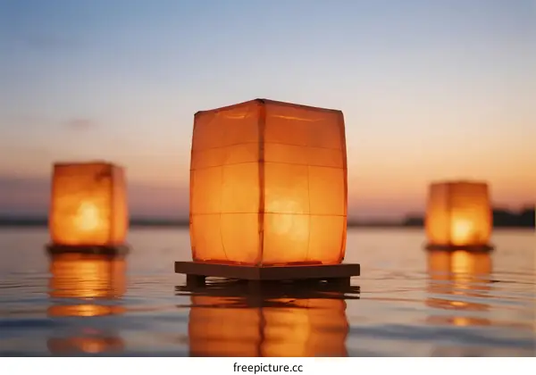 Floating Paper Lanterns Glowing Over Calm Water at Sunset