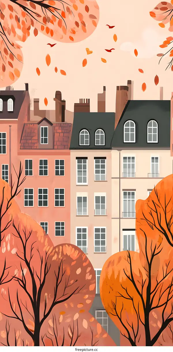 Autumn Leaves Falling Over City Buildings