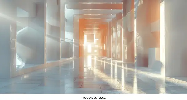 Empty futuristic corridor interior with bright daylight