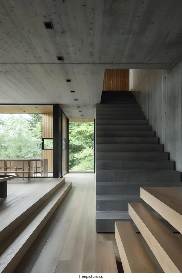 Modern Minimalist Concrete Stairs and Wood Floor