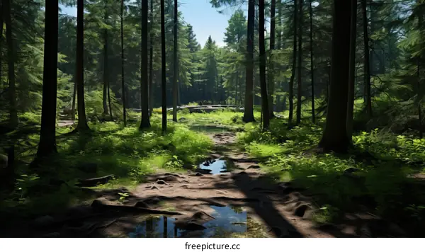 The sun shines through the forest