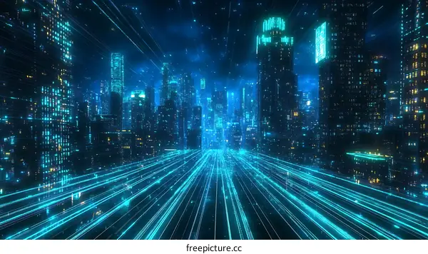 Futuristic Cityscape with Digital Light Trails