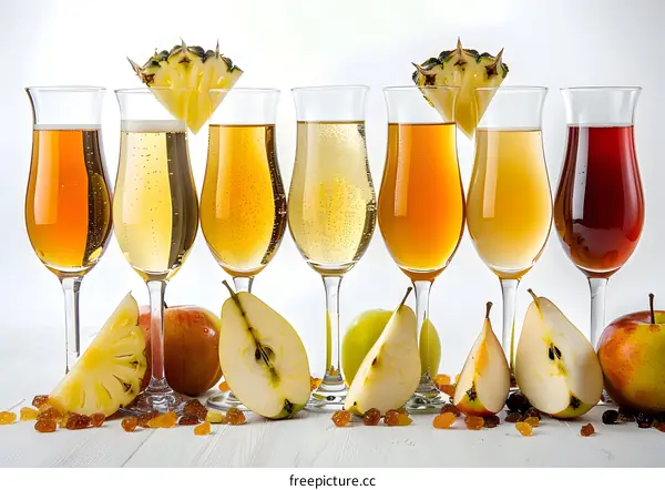 Assortment of Apple Cider, Pear Cider and Pineapple Cider in Glasses with Fresh Fruit