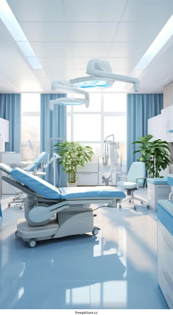 An illustration of a modern dental clinic with a patient chair, dental tools, and a large window