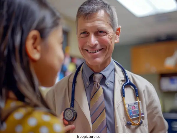 Smiling male doctor talking to a young girl
