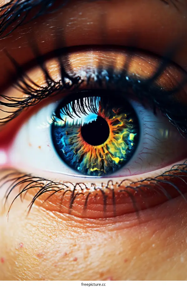 An illustration of an eye with a colorful iris.
