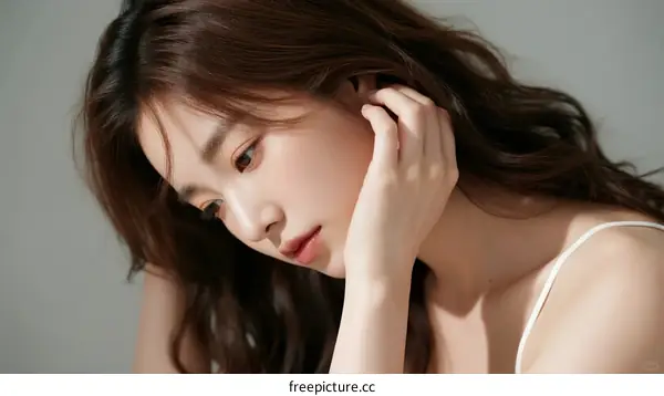 Portrait of Young Asian Woman with Long Brown Hair Leaning Hand