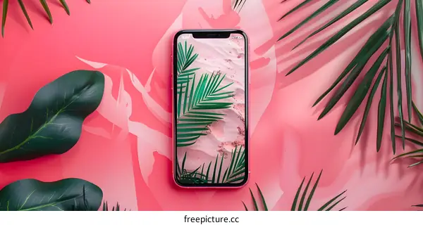 Pink Smartphone With Tropical Palm Leaves Background