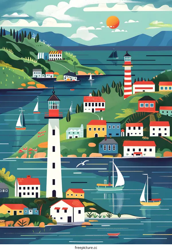 Coastal Village Illustration with Lighthouse and Boats
