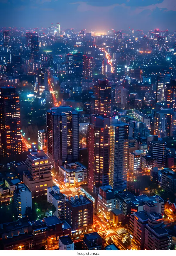 Night View of Cityscape with Skyscrapers and Buildings