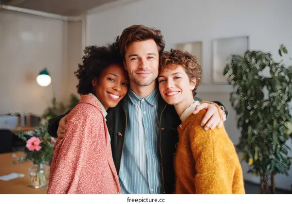 Happy Friends Smiling Together in Cozy Interior