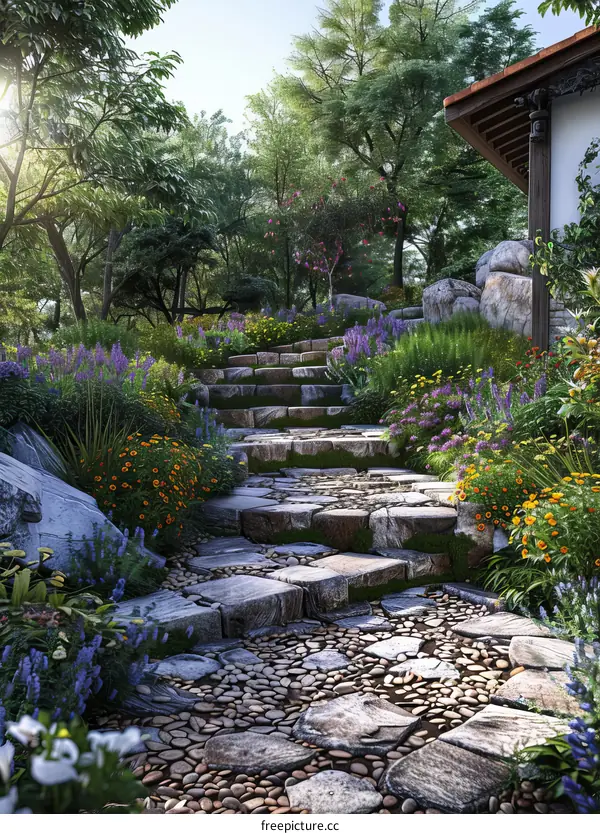 Stone Path Winding Through a Lush Garden