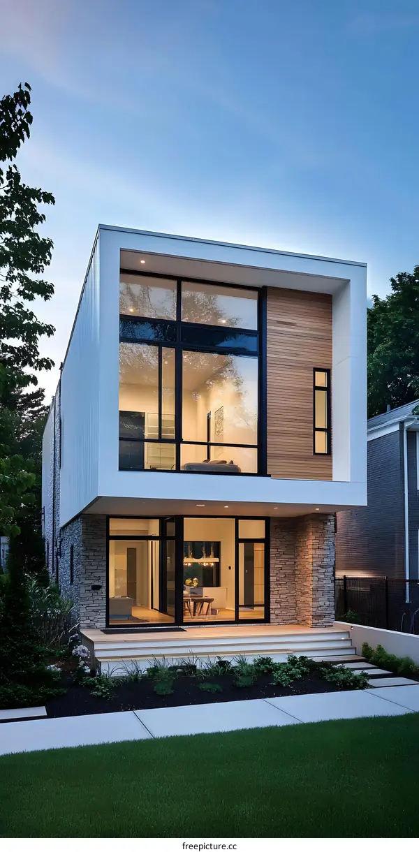 Modern House With Large Windows And Stone Facade